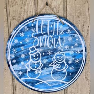 “Let it Snow” Mischievous Snowman & Snowwoman 12” Round Wood Winter Sign